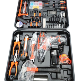 Set de herramientas de 124 piezas con taladro electrico recargable