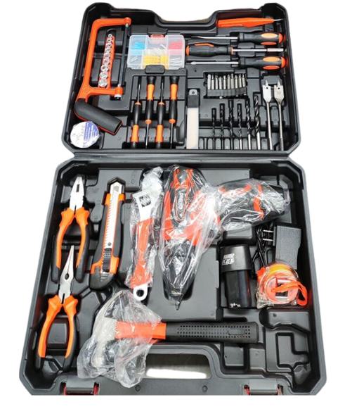 Set de herramientas de 124 piezas con taladro electrico recargable